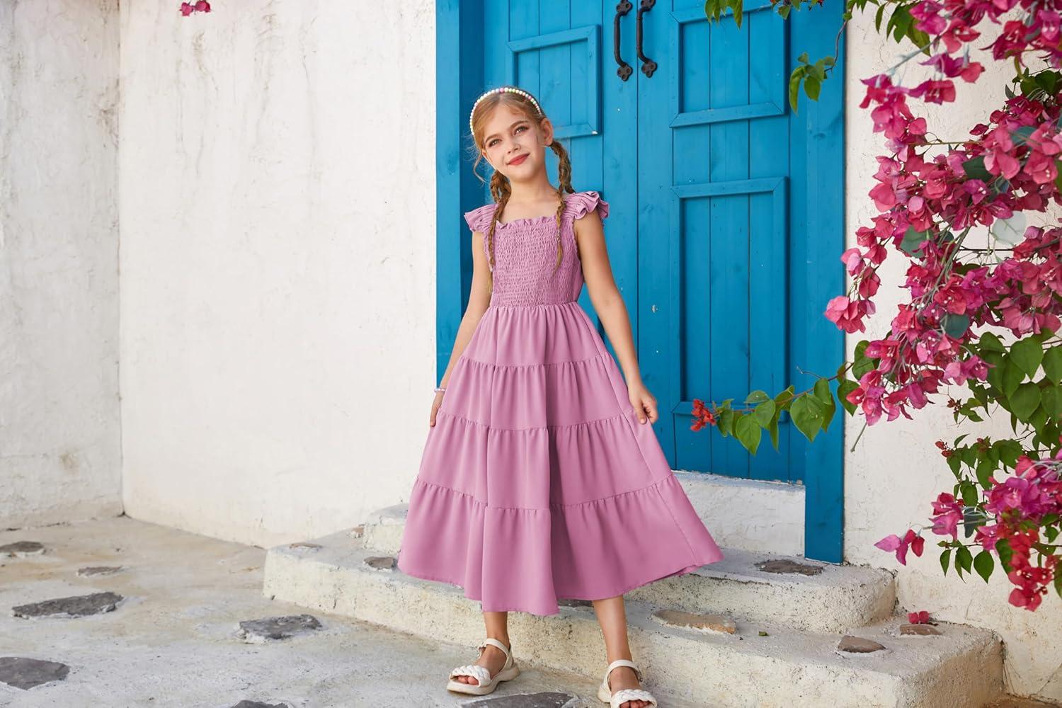 imageGRACE KARIN Girls Dress Summer Tie Back Party Dress Ruffle Sleeve Smoke Tiered Special Occasions Maxi Tween Dresses Size 514Grey Purple