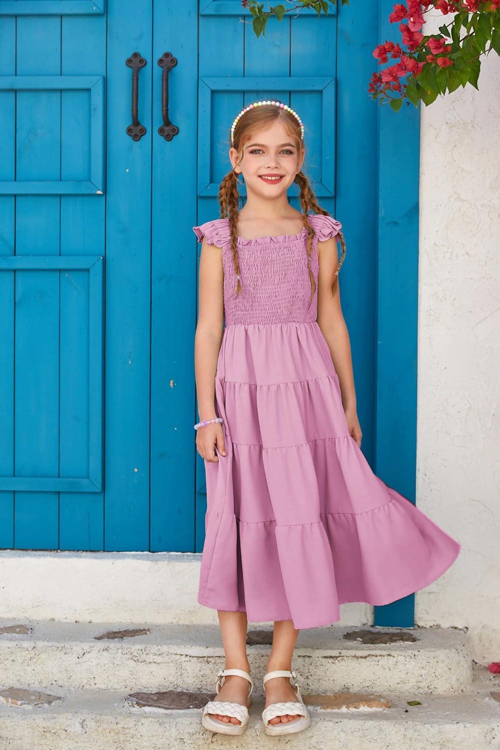 imageGRACE KARIN Girls Dress Summer Tie Back Party Dress Ruffle Sleeve Smoke Tiered Special Occasions Maxi Tween Dresses Size 514Grey Purple