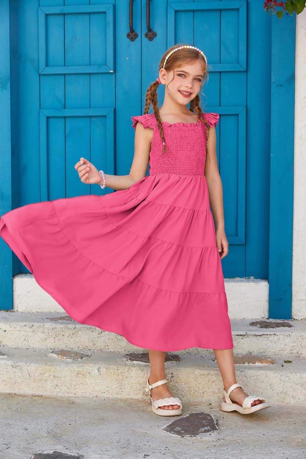 imageGRACE KARIN Girls Dress Summer Tie Back Party Dress Ruffle Sleeve Smoke Tiered Special Occasions Maxi Tween Dresses Size 514Hot Pink