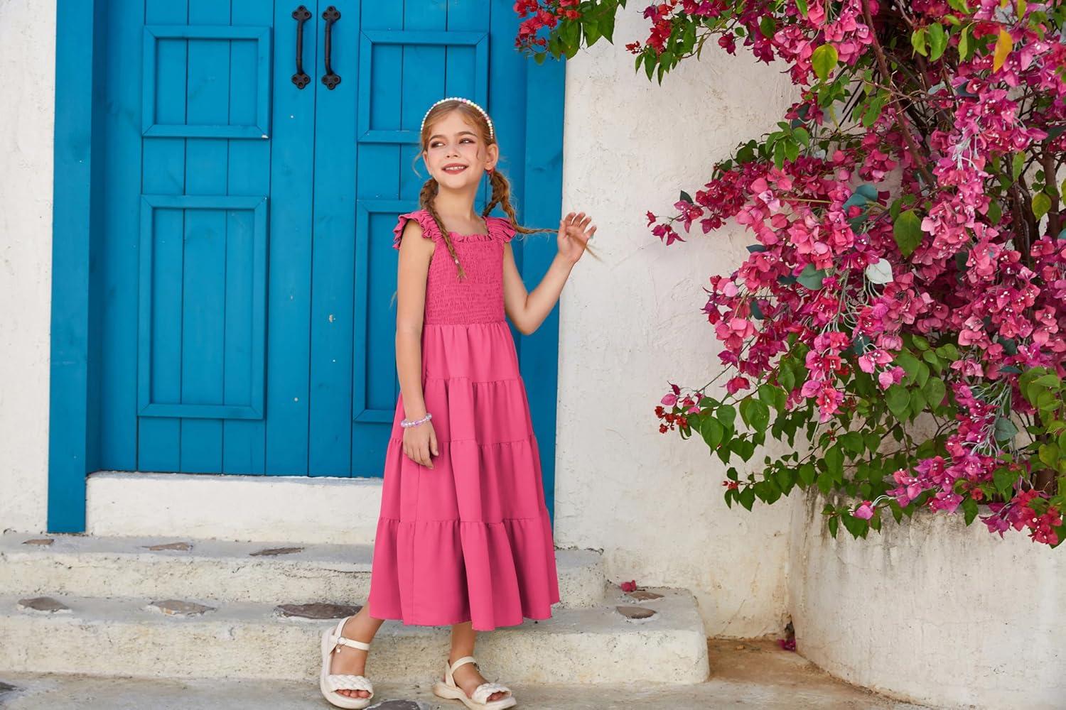 imageGRACE KARIN Girls Dress Summer Tie Back Party Dress Ruffle Sleeve Smoke Tiered Special Occasions Maxi Tween Dresses Size 514Hot Pink