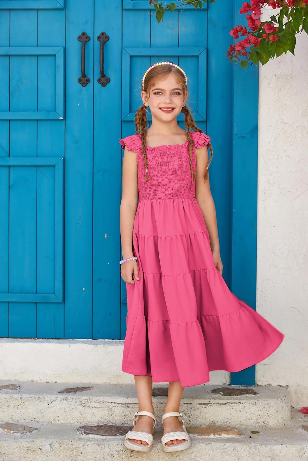 imageGRACE KARIN Girls Dress Summer Tie Back Party Dress Ruffle Sleeve Smoke Tiered Special Occasions Maxi Tween Dresses Size 514Hot Pink