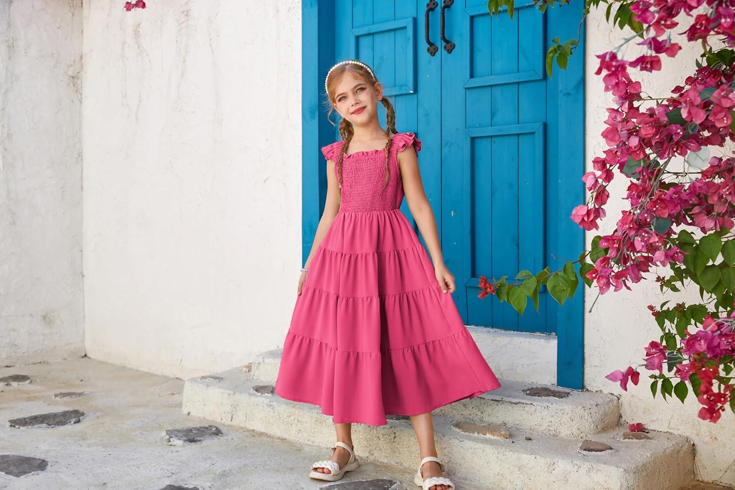 imageGRACE KARIN Girls Dress Summer Tie Back Party Dress Ruffle Sleeve Smoke Tiered Special Occasions Maxi Tween Dresses Size 514Hot Pink