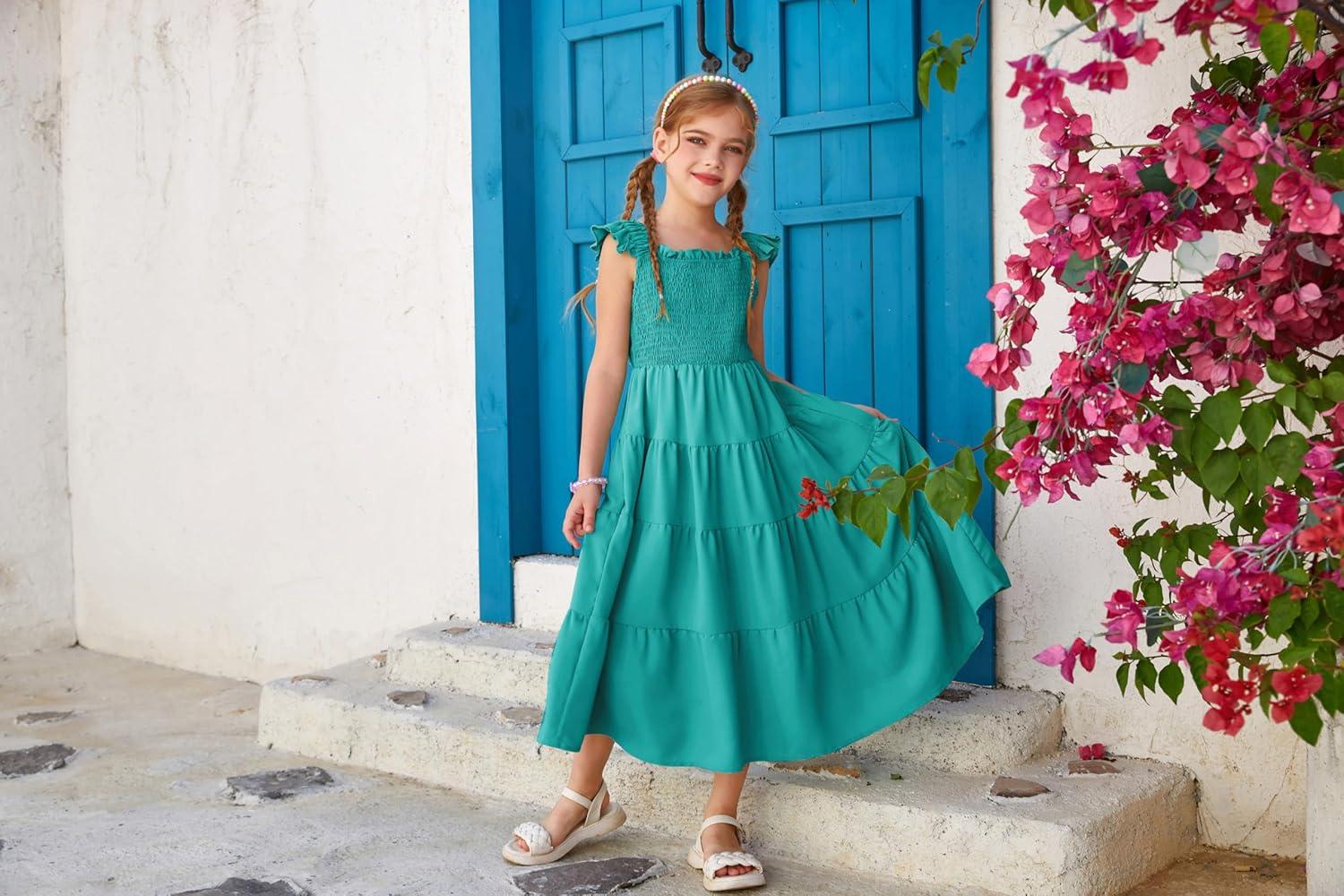 imageGRACE KARIN Girls Dress Summer Tie Back Party Dress Ruffle Sleeve Smoke Tiered Special Occasions Maxi Tween Dresses Size 514Lake Blue