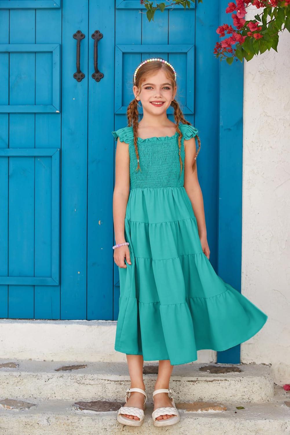 imageGRACE KARIN Girls Dress Summer Tie Back Party Dress Ruffle Sleeve Smoke Tiered Special Occasions Maxi Tween Dresses Size 514Lake Blue