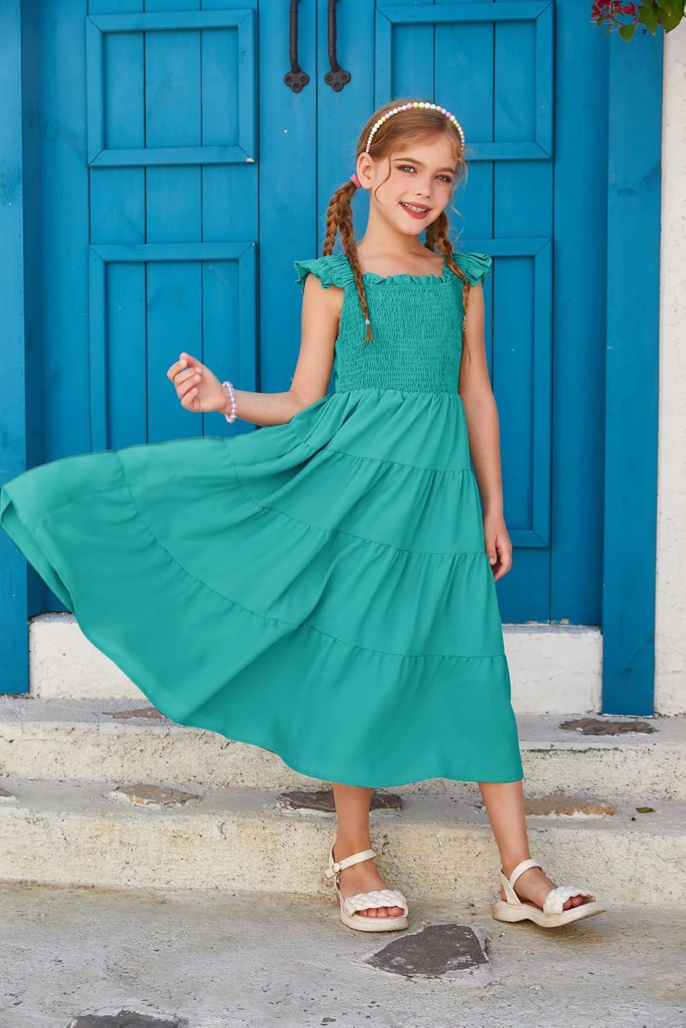 imageGRACE KARIN Girls Dress Summer Tie Back Party Dress Ruffle Sleeve Smoke Tiered Special Occasions Maxi Tween Dresses Size 514Lake Blue