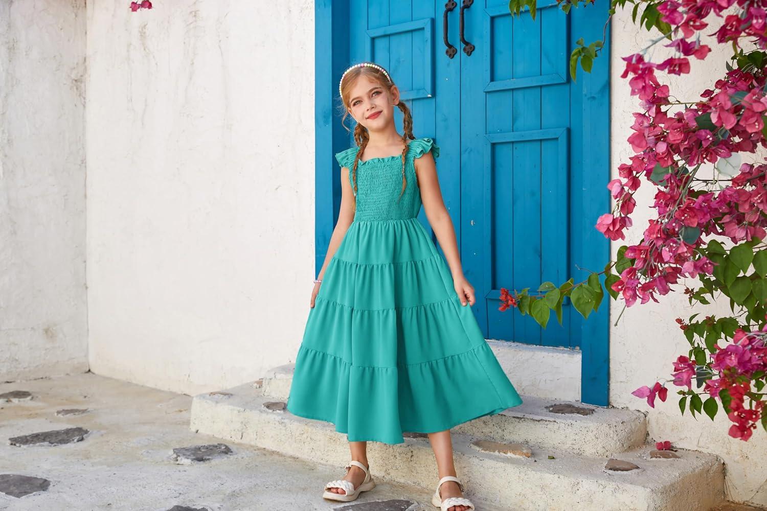 imageGRACE KARIN Girls Dress Summer Tie Back Party Dress Ruffle Sleeve Smoke Tiered Special Occasions Maxi Tween Dresses Size 514Lake Blue