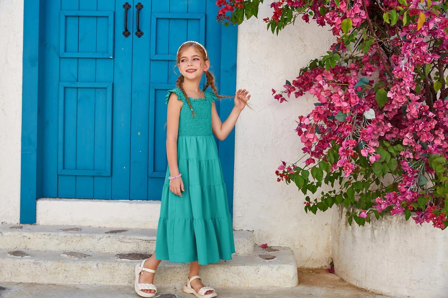 imageGRACE KARIN Girls Dress Summer Tie Back Party Dress Ruffle Sleeve Smoke Tiered Special Occasions Maxi Tween Dresses Size 514Lake Blue