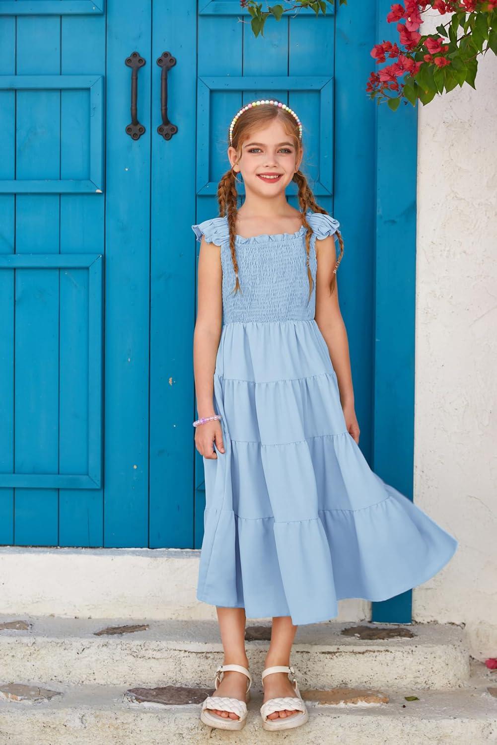 imageGRACE KARIN Girls Dress Summer Tie Back Party Dress Ruffle Sleeve Smoke Tiered Special Occasions Maxi Tween Dresses Size 514Light Blue
