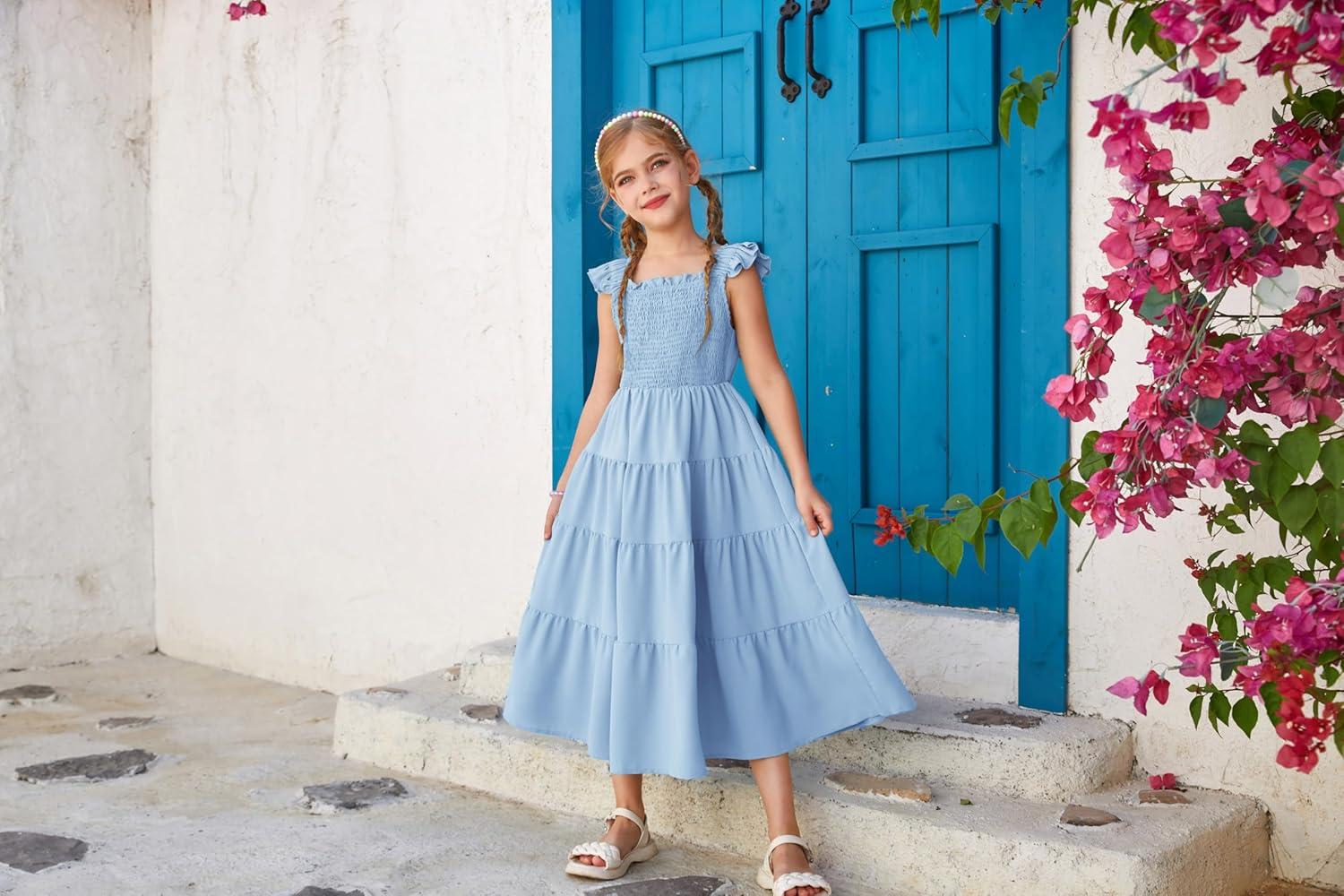 imageGRACE KARIN Girls Dress Summer Tie Back Party Dress Ruffle Sleeve Smoke Tiered Special Occasions Maxi Tween Dresses Size 514Light Blue