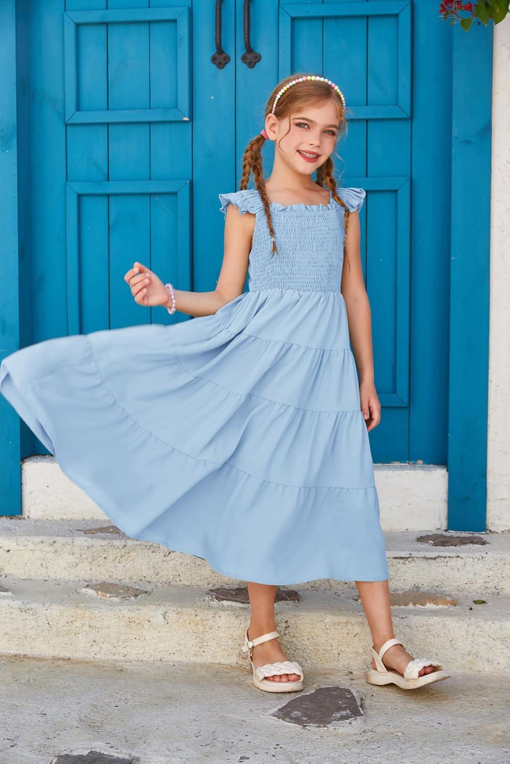 imageGRACE KARIN Girls Dress Summer Tie Back Party Dress Ruffle Sleeve Smoke Tiered Special Occasions Maxi Tween Dresses Size 514Light Blue