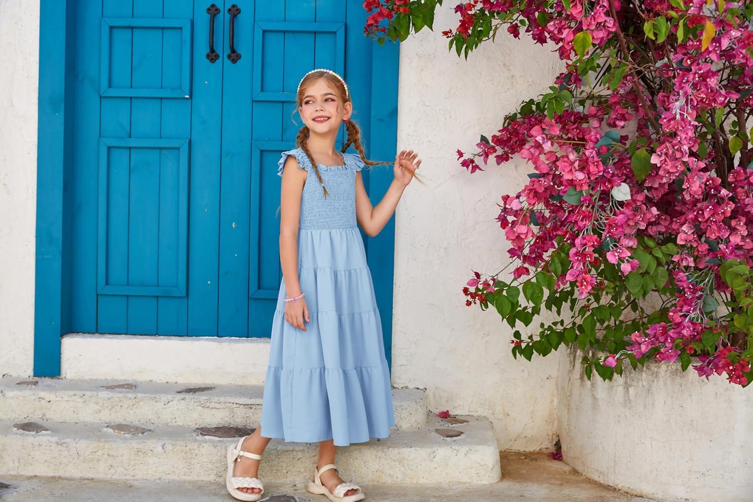 imageGRACE KARIN Girls Dress Summer Tie Back Party Dress Ruffle Sleeve Smoke Tiered Special Occasions Maxi Tween Dresses Size 514Light Blue