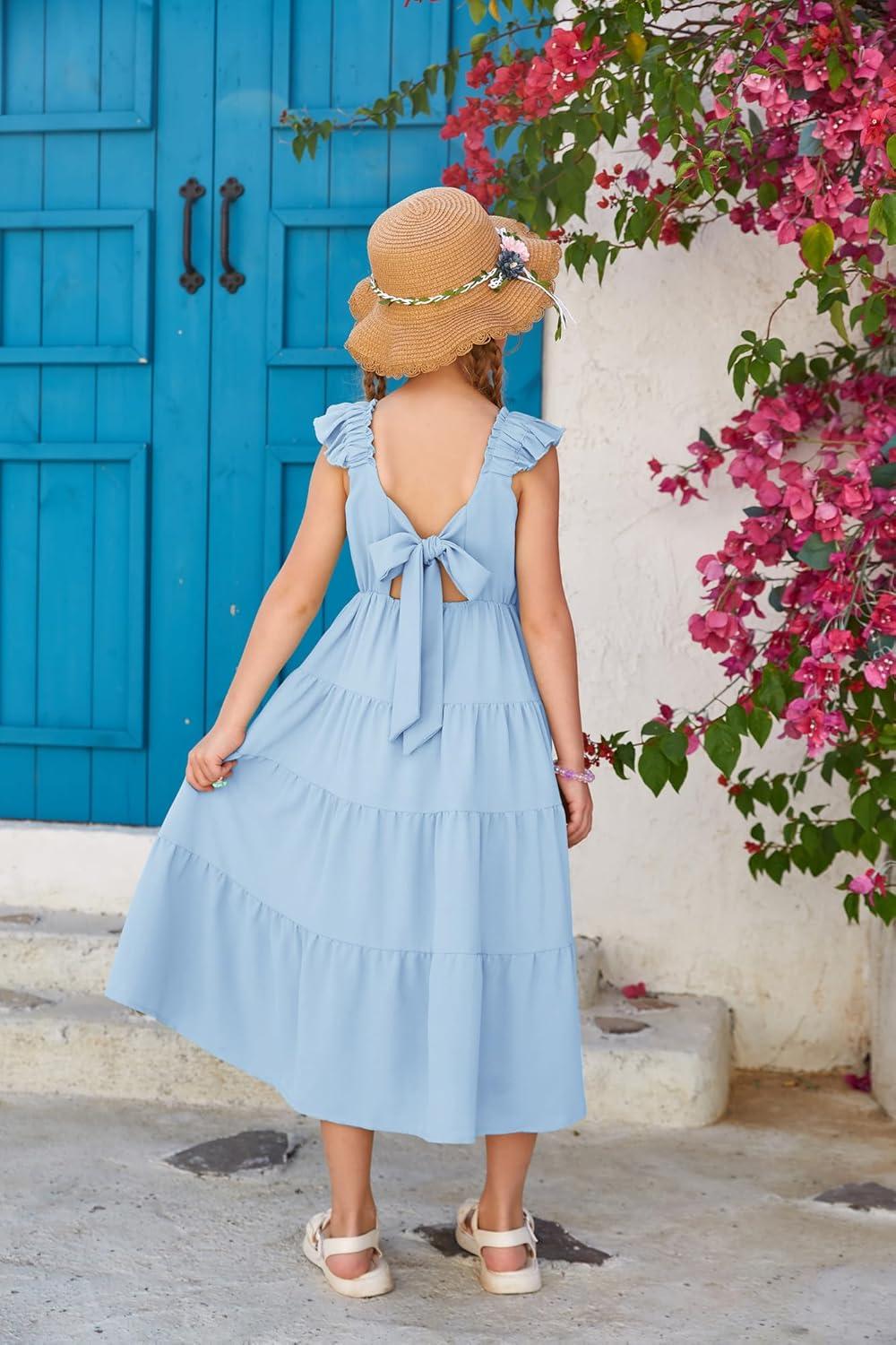 imageGRACE KARIN Girls Dress Summer Tie Back Party Dress Ruffle Sleeve Smoke Tiered Special Occasions Maxi Tween Dresses Size 514Light Blue