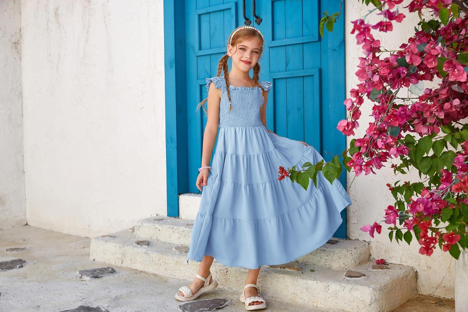 imageGRACE KARIN Girls Dress Summer Tie Back Party Dress Ruffle Sleeve Smoke Tiered Special Occasions Maxi Tween Dresses Size 514Light Blue