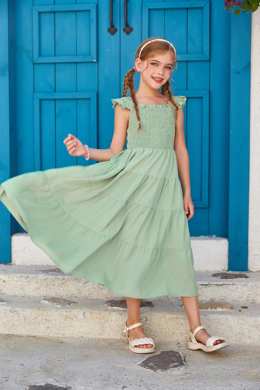 imageGRACE KARIN Girls Dress Summer Tie Back Party Dress Ruffle Sleeve Smoke Tiered Special Occasions Maxi Tween Dresses Size 514Light Green