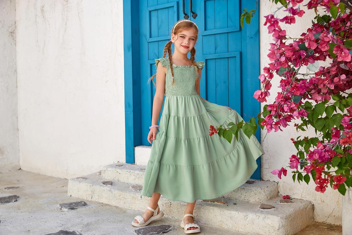 imageGRACE KARIN Girls Dress Summer Tie Back Party Dress Ruffle Sleeve Smoke Tiered Special Occasions Maxi Tween Dresses Size 514Light Green