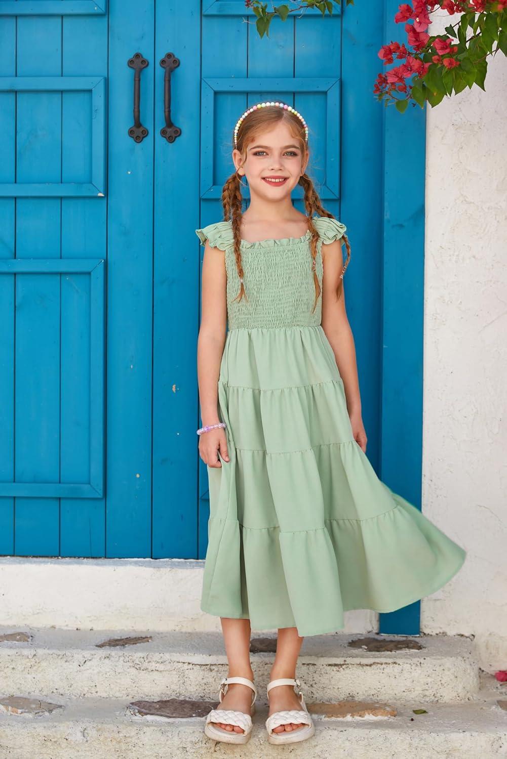 imageGRACE KARIN Girls Dress Summer Tie Back Party Dress Ruffle Sleeve Smoke Tiered Special Occasions Maxi Tween Dresses Size 514Light Green