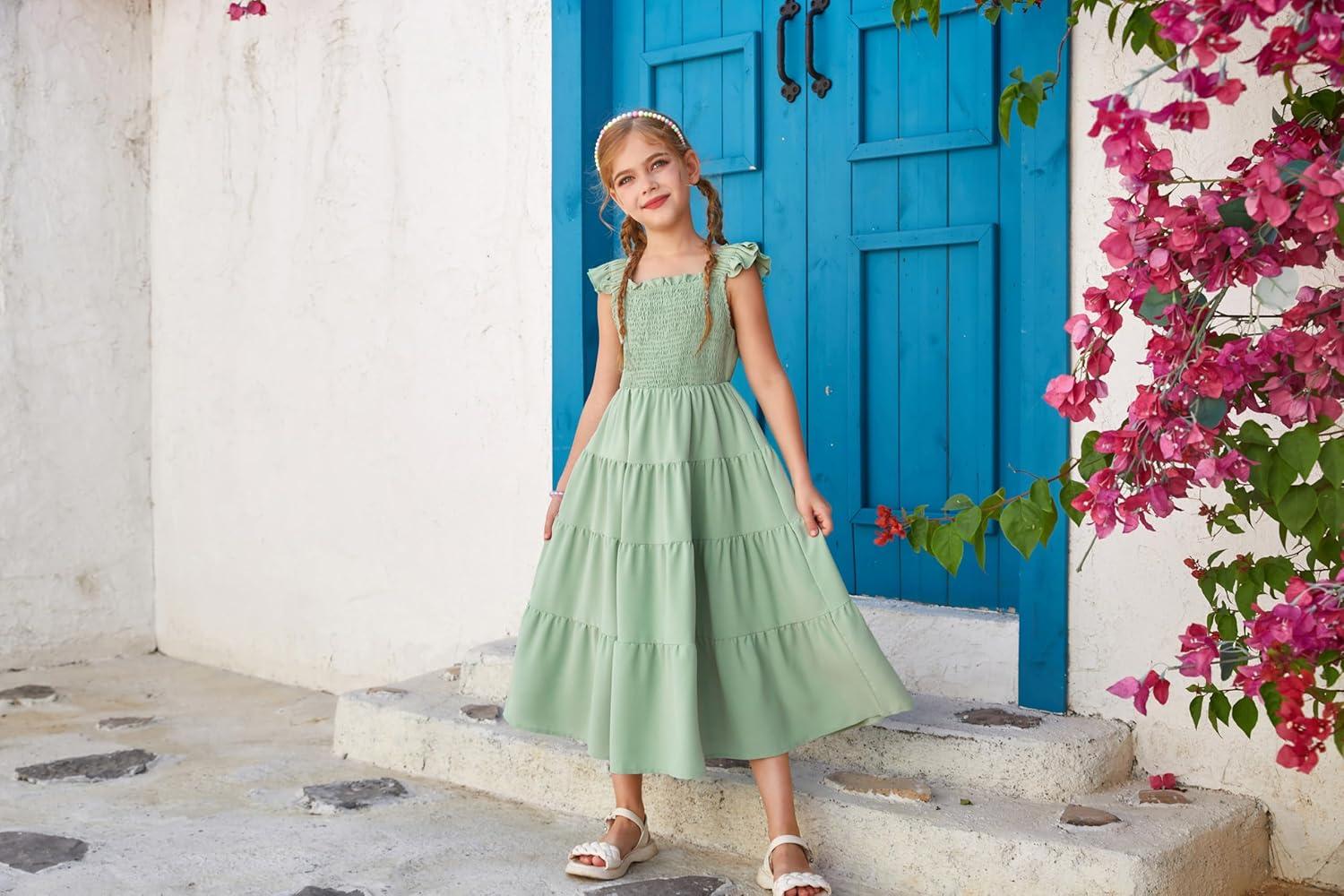 imageGRACE KARIN Girls Dress Summer Tie Back Party Dress Ruffle Sleeve Smoke Tiered Special Occasions Maxi Tween Dresses Size 514Light Green