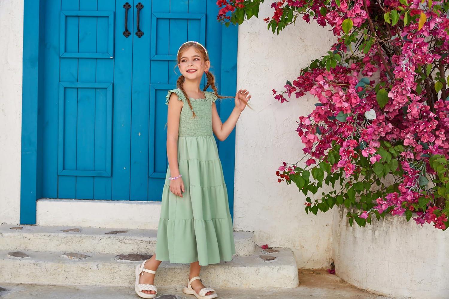 imageGRACE KARIN Girls Dress Summer Tie Back Party Dress Ruffle Sleeve Smoke Tiered Special Occasions Maxi Tween Dresses Size 514Light Green