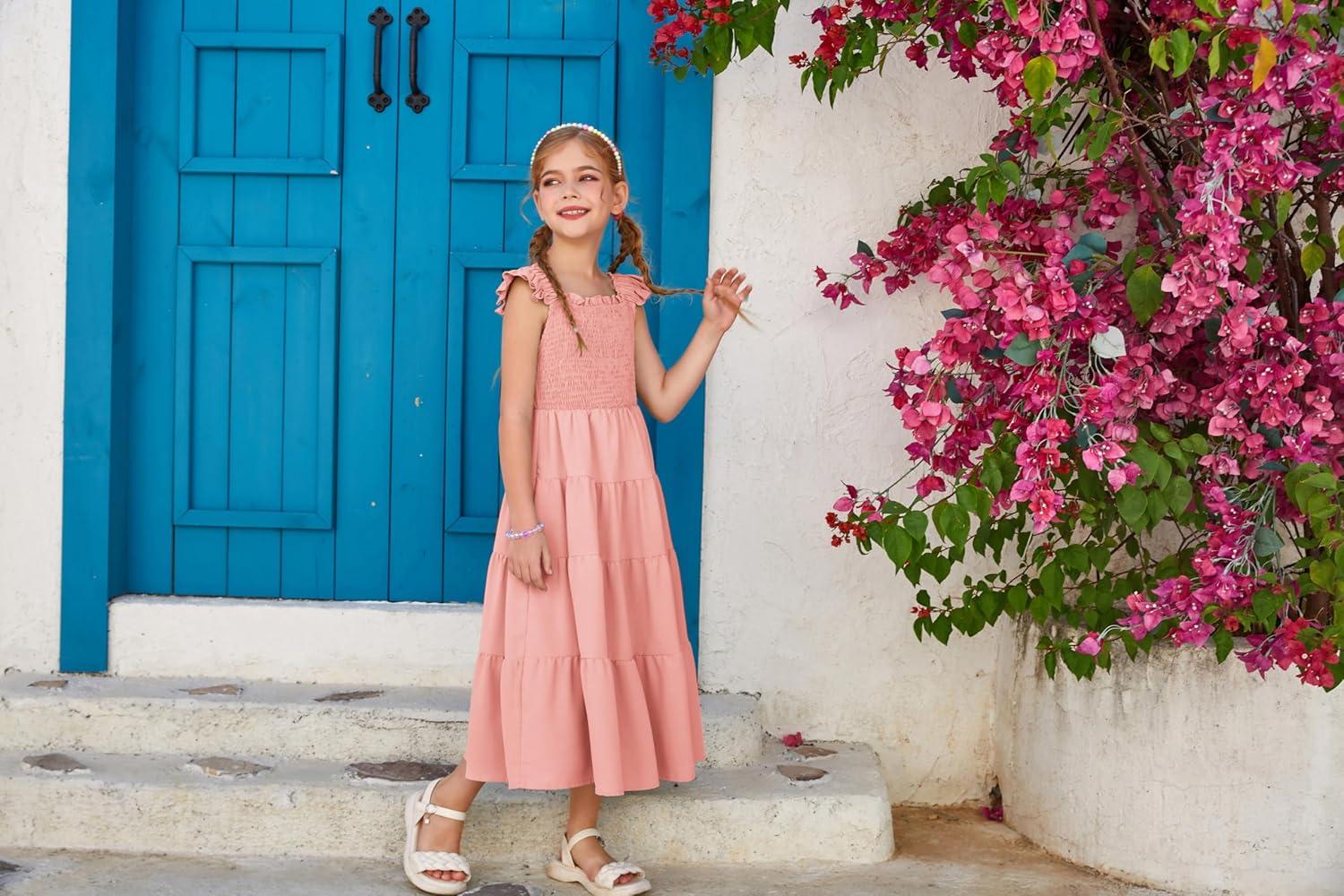 imageGRACE KARIN Girls Dress Summer Tie Back Party Dress Ruffle Sleeve Smoke Tiered Special Occasions Maxi Tween Dresses Size 514Light Pink