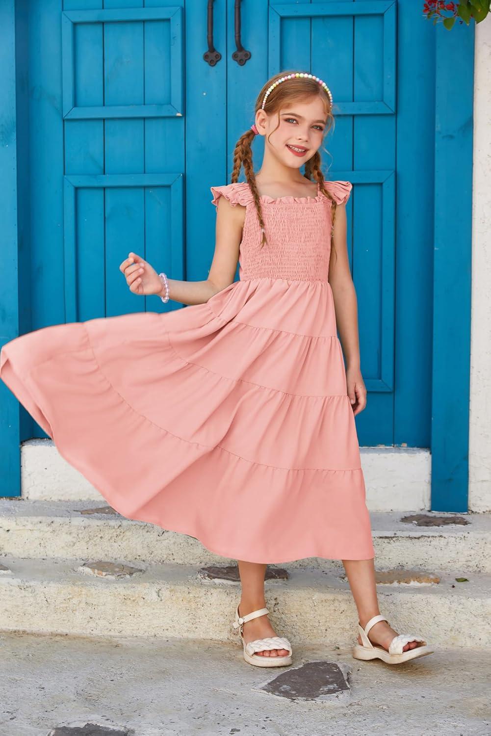 imageGRACE KARIN Girls Dress Summer Tie Back Party Dress Ruffle Sleeve Smoke Tiered Special Occasions Maxi Tween Dresses Size 514Light Pink