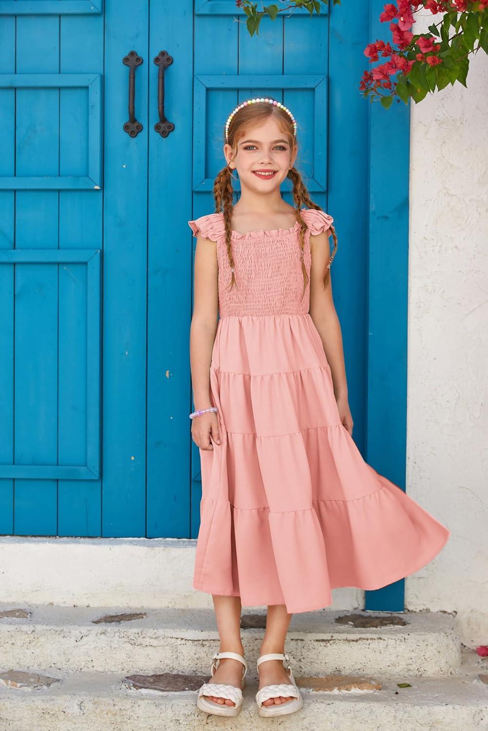 imageGRACE KARIN Girls Dress Summer Tie Back Party Dress Ruffle Sleeve Smoke Tiered Special Occasions Maxi Tween Dresses Size 514Light Pink