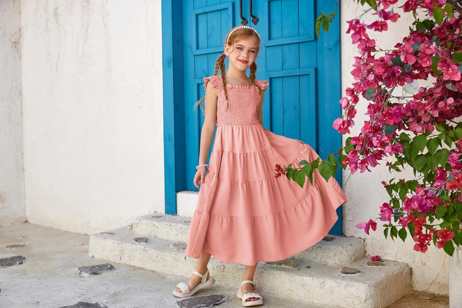 imageGRACE KARIN Girls Dress Summer Tie Back Party Dress Ruffle Sleeve Smoke Tiered Special Occasions Maxi Tween Dresses Size 514Light Pink