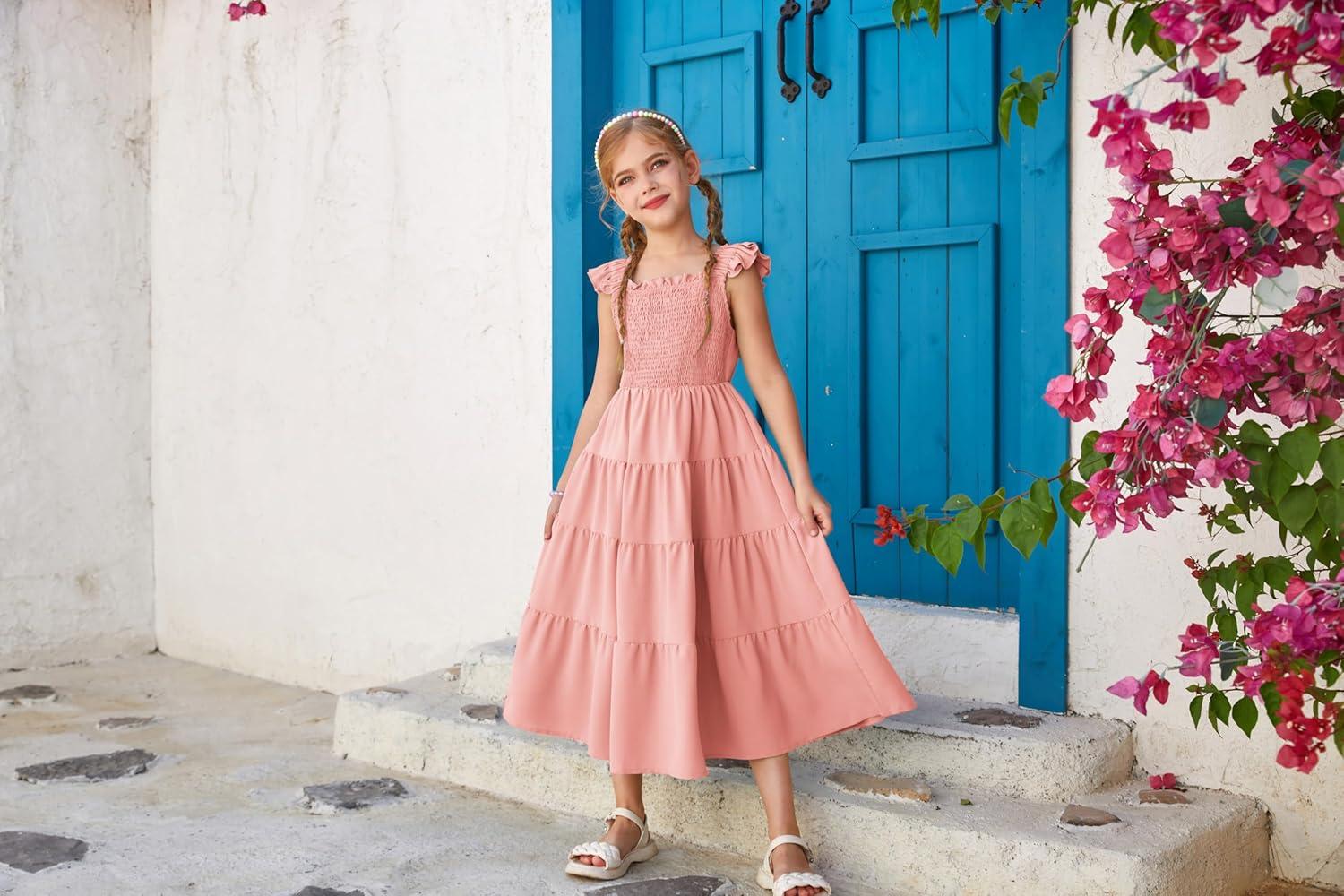 imageGRACE KARIN Girls Dress Summer Tie Back Party Dress Ruffle Sleeve Smoke Tiered Special Occasions Maxi Tween Dresses Size 514Light Pink