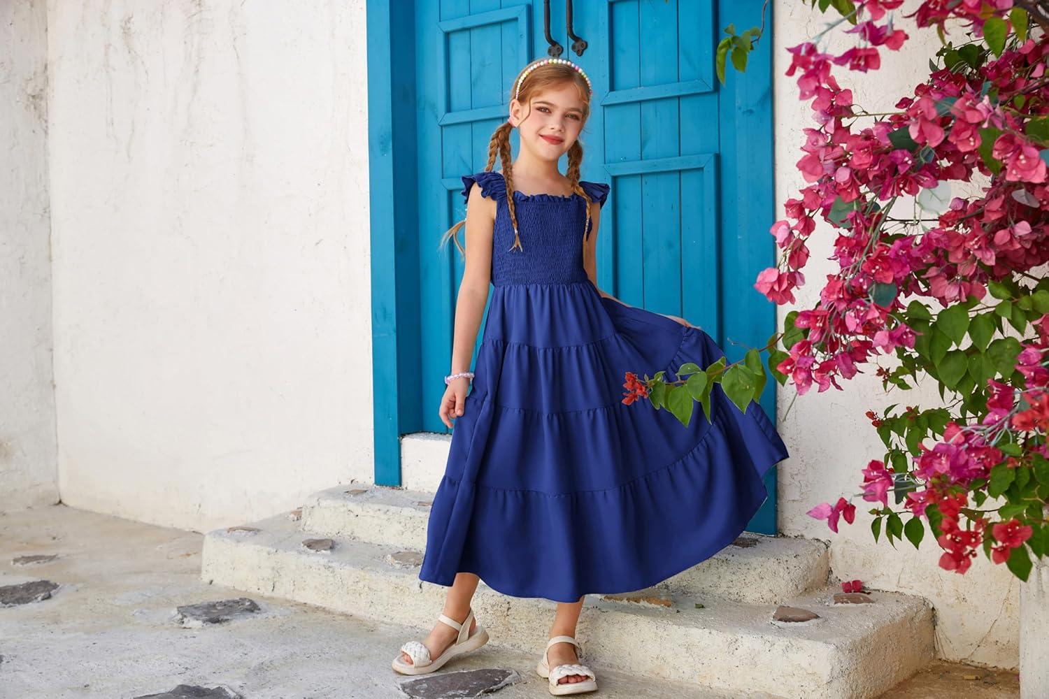 imageGRACE KARIN Girls Dress Summer Tie Back Party Dress Ruffle Sleeve Smoke Tiered Special Occasions Maxi Tween Dresses Size 514Navy Blue