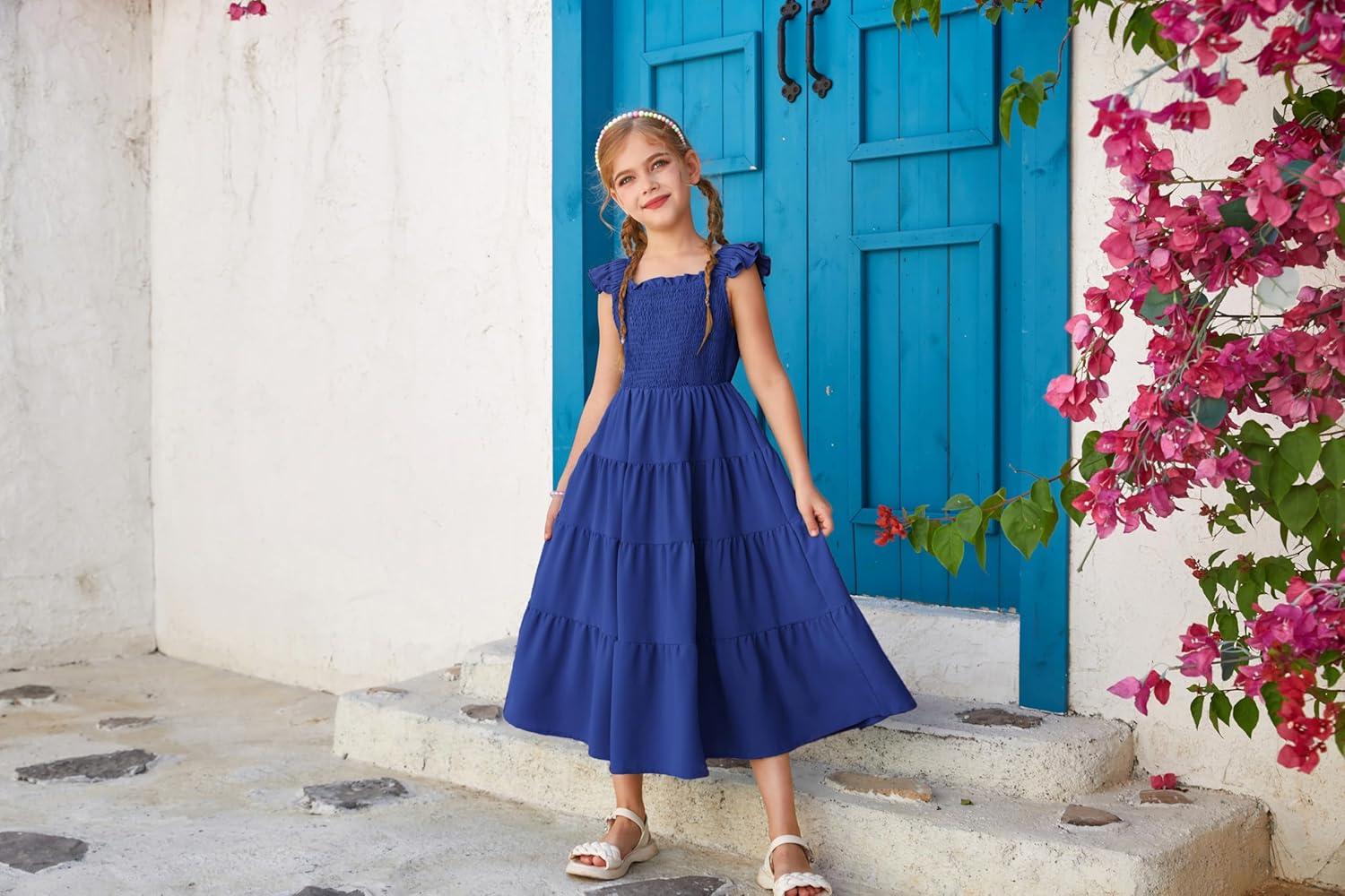 imageGRACE KARIN Girls Dress Summer Tie Back Party Dress Ruffle Sleeve Smoke Tiered Special Occasions Maxi Tween Dresses Size 514Navy Blue