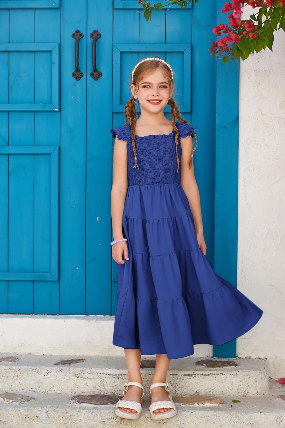 imageGRACE KARIN Girls Dress Summer Tie Back Party Dress Ruffle Sleeve Smoke Tiered Special Occasions Maxi Tween Dresses Size 514Navy Blue
