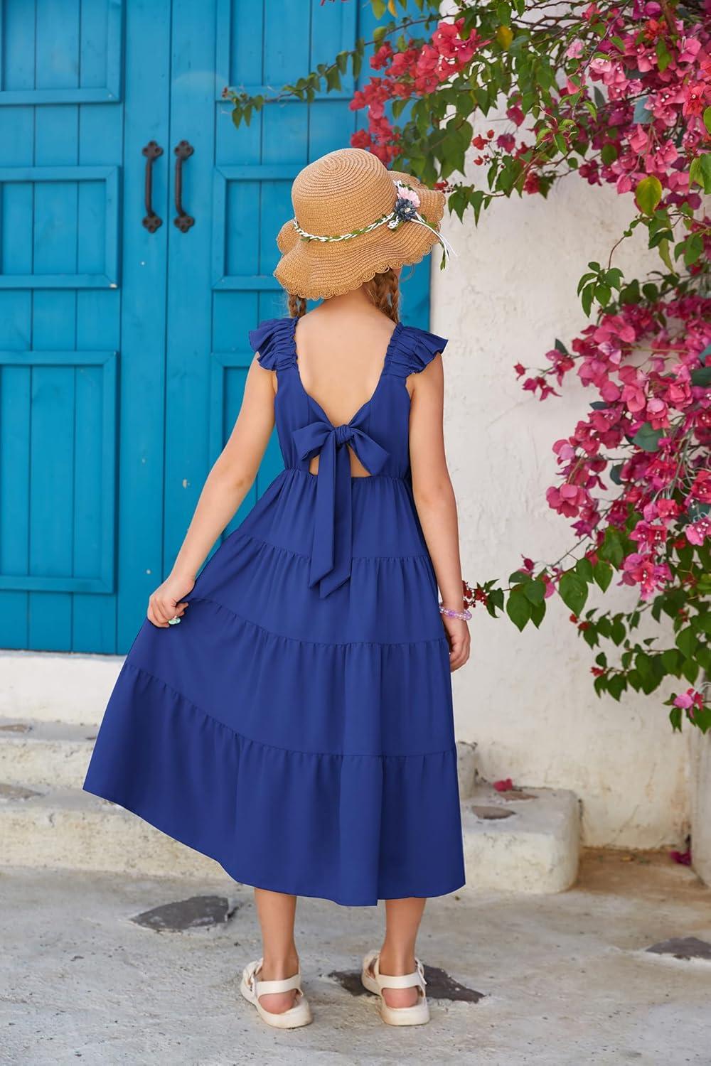 imageGRACE KARIN Girls Dress Summer Tie Back Party Dress Ruffle Sleeve Smoke Tiered Special Occasions Maxi Tween Dresses Size 514Navy Blue