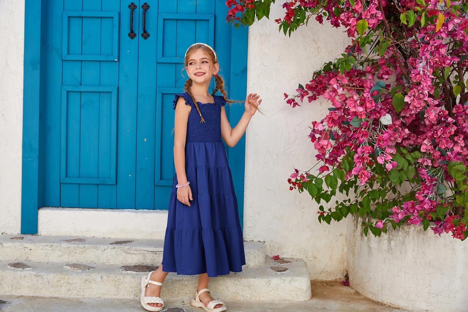 imageGRACE KARIN Girls Dress Summer Tie Back Party Dress Ruffle Sleeve Smoke Tiered Special Occasions Maxi Tween Dresses Size 514Navy Blue