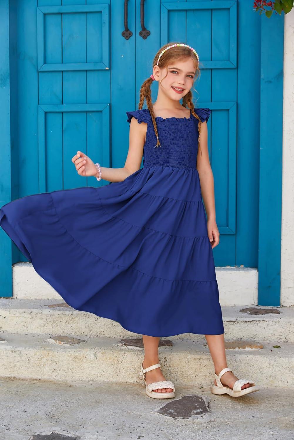 imageGRACE KARIN Girls Dress Summer Tie Back Party Dress Ruffle Sleeve Smoke Tiered Special Occasions Maxi Tween Dresses Size 514Navy Blue