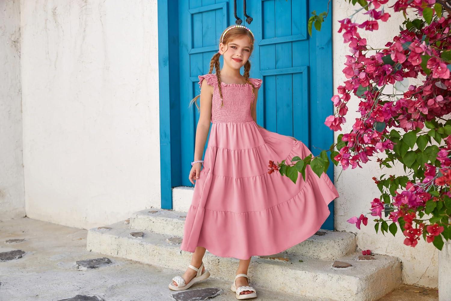 imageGRACE KARIN Girls Dress Summer Tie Back Party Dress Ruffle Sleeve Smoke Tiered Special Occasions Maxi Tween Dresses Size 514Pink
