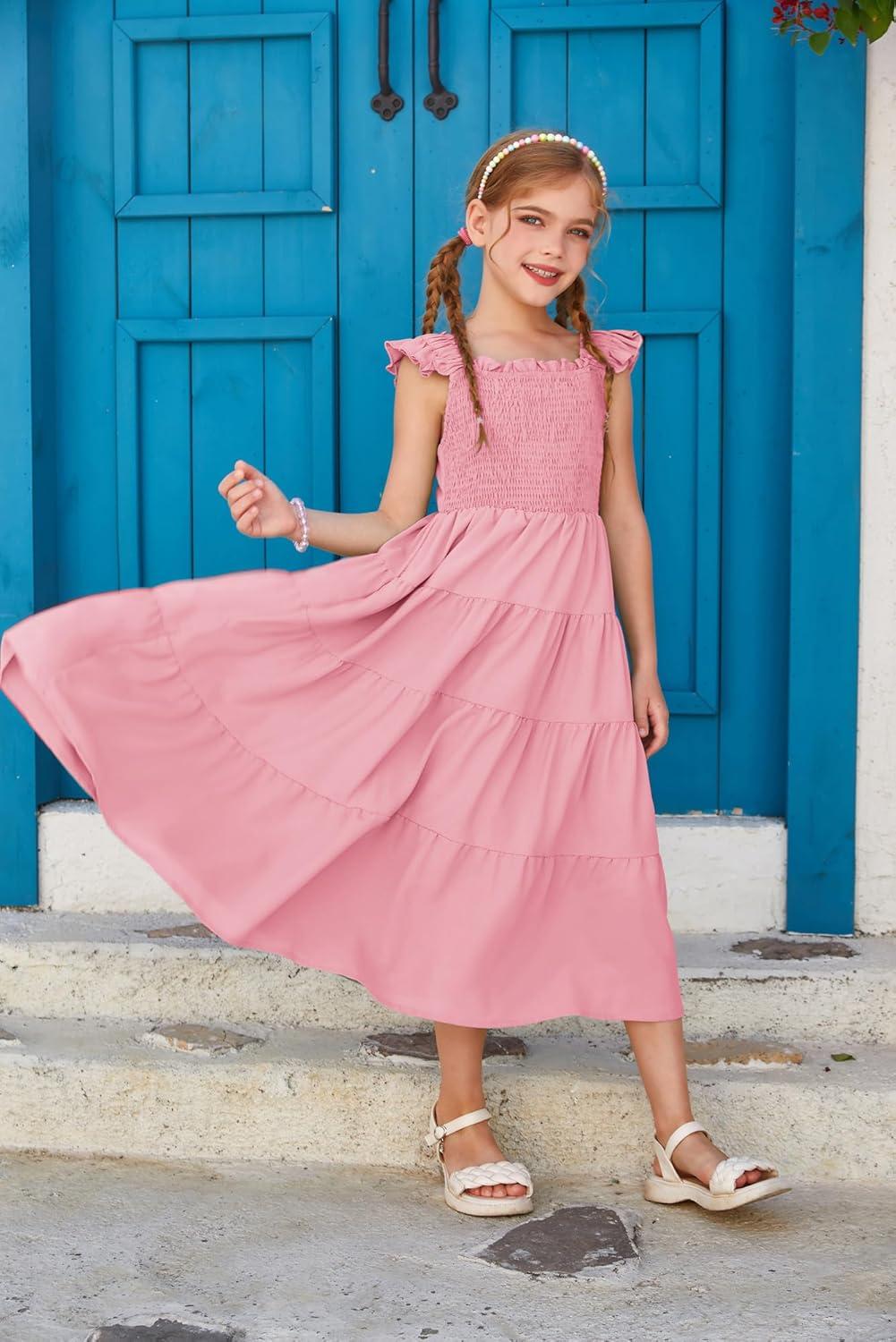 imageGRACE KARIN Girls Dress Summer Tie Back Party Dress Ruffle Sleeve Smoke Tiered Special Occasions Maxi Tween Dresses Size 514Pink