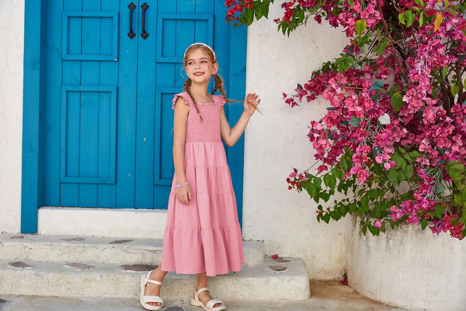 imageGRACE KARIN Girls Dress Summer Tie Back Party Dress Ruffle Sleeve Smoke Tiered Special Occasions Maxi Tween Dresses Size 514Pink