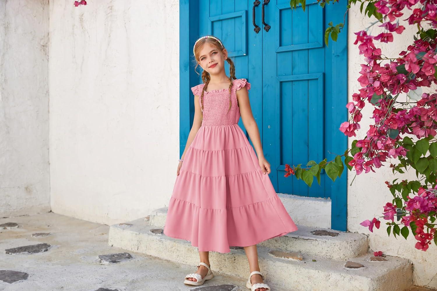 imageGRACE KARIN Girls Dress Summer Tie Back Party Dress Ruffle Sleeve Smoke Tiered Special Occasions Maxi Tween Dresses Size 514Pink