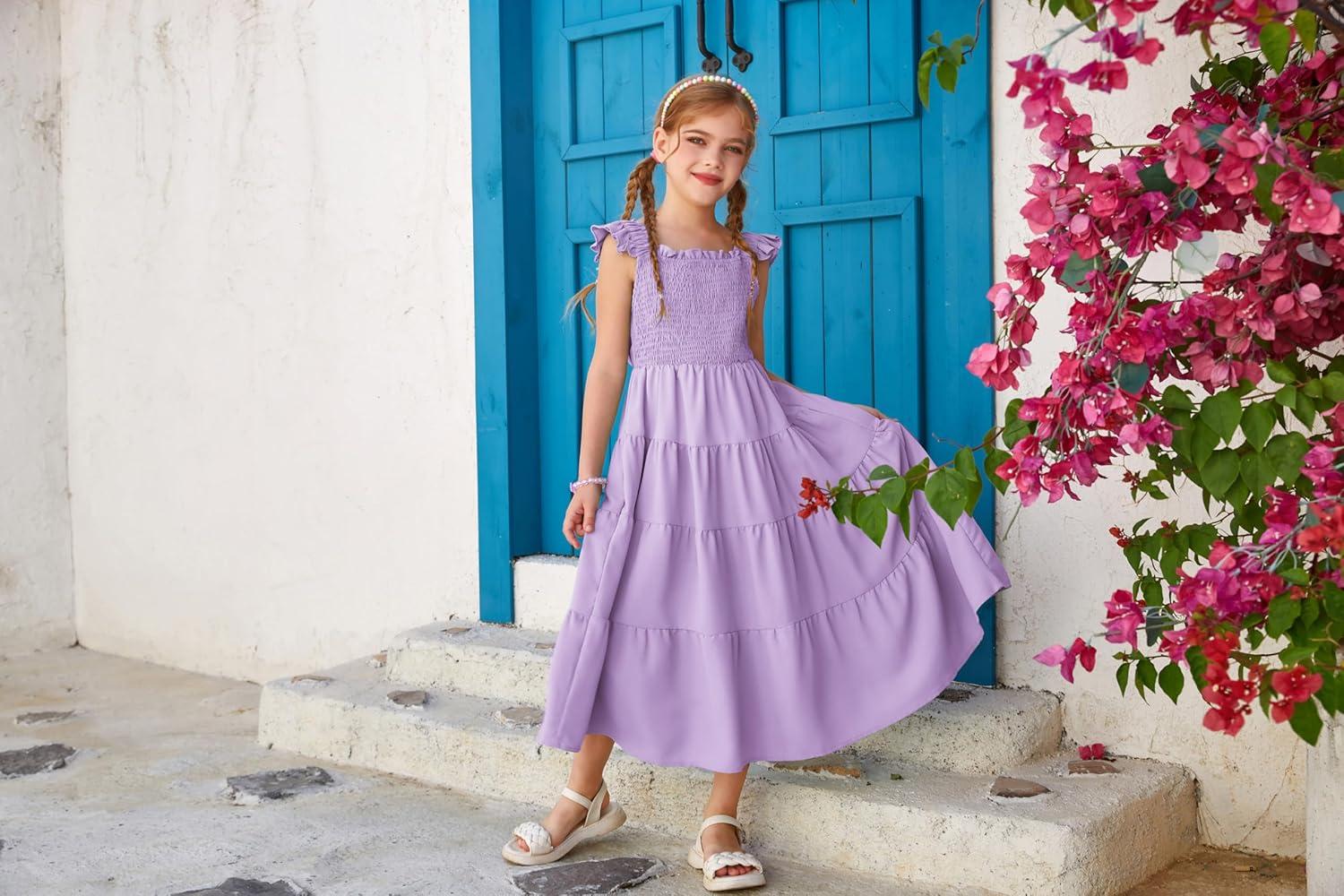 imageGRACE KARIN Girls Dress Summer Tie Back Party Dress Ruffle Sleeve Smoke Tiered Special Occasions Maxi Tween Dresses Size 514Purple