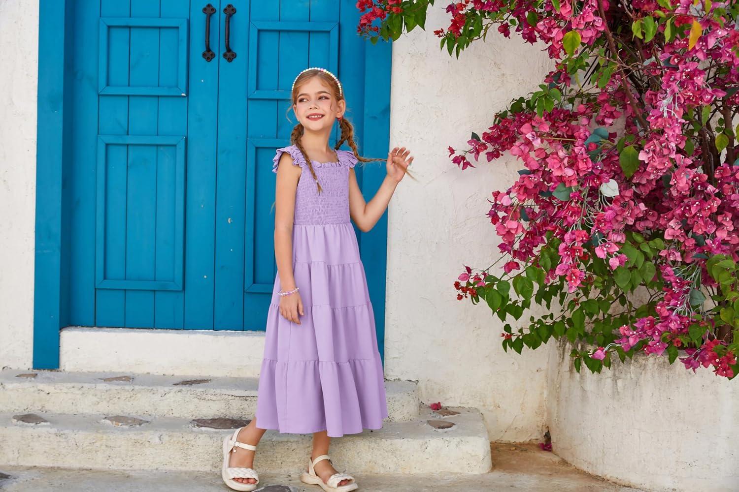 imageGRACE KARIN Girls Dress Summer Tie Back Party Dress Ruffle Sleeve Smoke Tiered Special Occasions Maxi Tween Dresses Size 514Purple