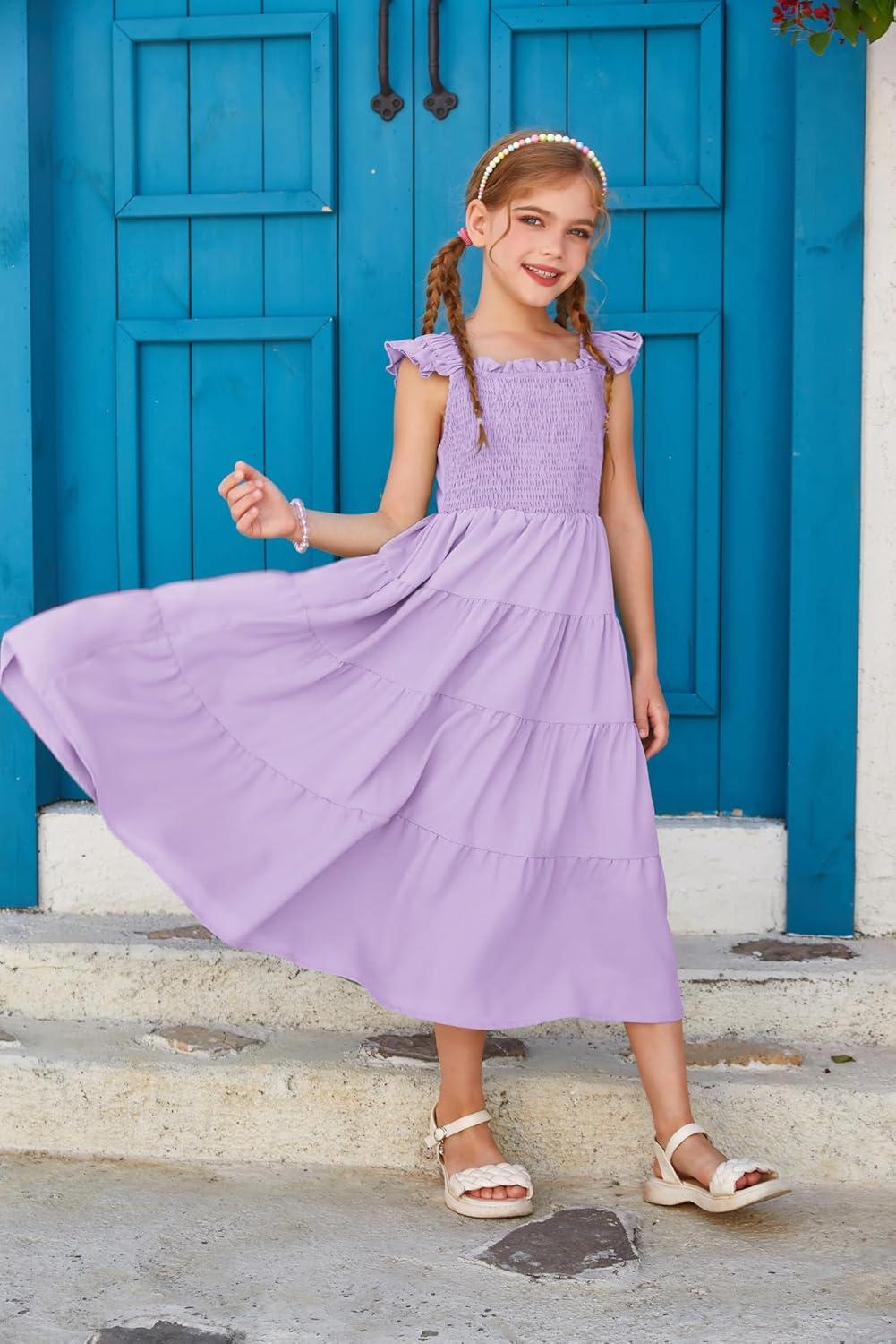 imageGRACE KARIN Girls Dress Summer Tie Back Party Dress Ruffle Sleeve Smoke Tiered Special Occasions Maxi Tween Dresses Size 514Purple