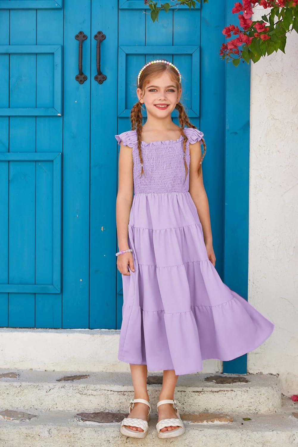 imageGRACE KARIN Girls Dress Summer Tie Back Party Dress Ruffle Sleeve Smoke Tiered Special Occasions Maxi Tween Dresses Size 514Purple
