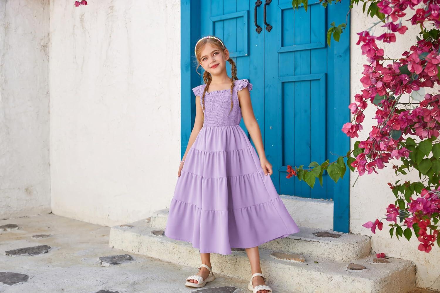 imageGRACE KARIN Girls Dress Summer Tie Back Party Dress Ruffle Sleeve Smoke Tiered Special Occasions Maxi Tween Dresses Size 514Purple
