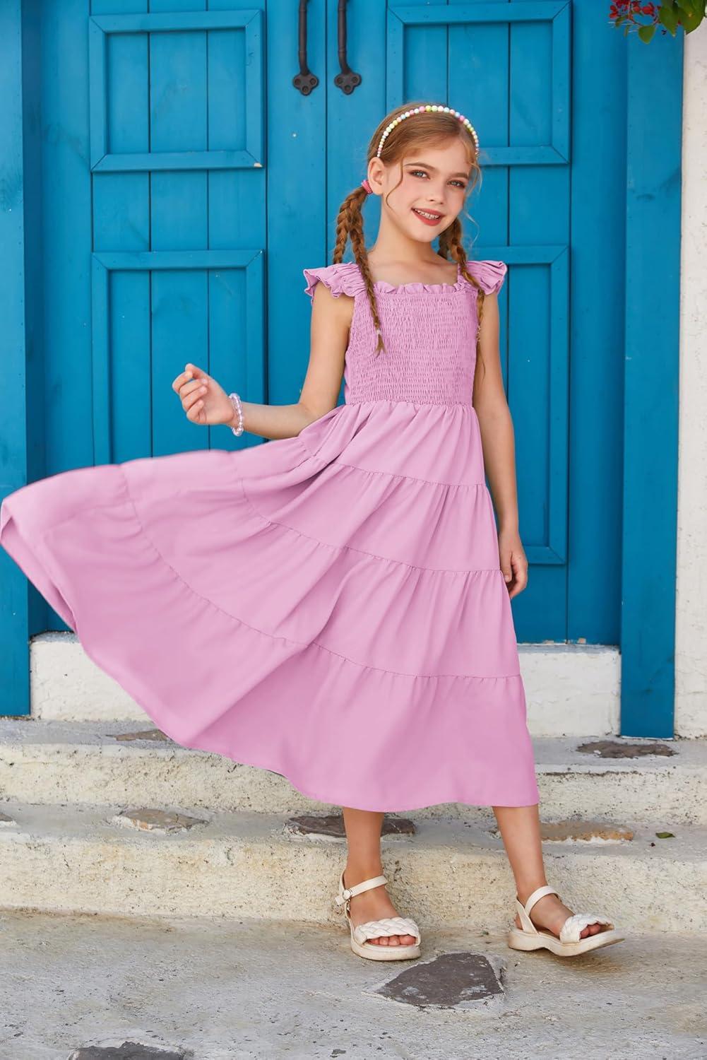 imageGRACE KARIN Girls Dress Summer Tie Back Party Dress Ruffle Sleeve Smoke Tiered Special Occasions Maxi Tween Dresses Size 514Purple Pink