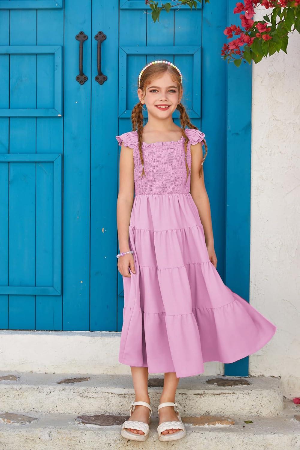 imageGRACE KARIN Girls Dress Summer Tie Back Party Dress Ruffle Sleeve Smoke Tiered Special Occasions Maxi Tween Dresses Size 514Purple Pink