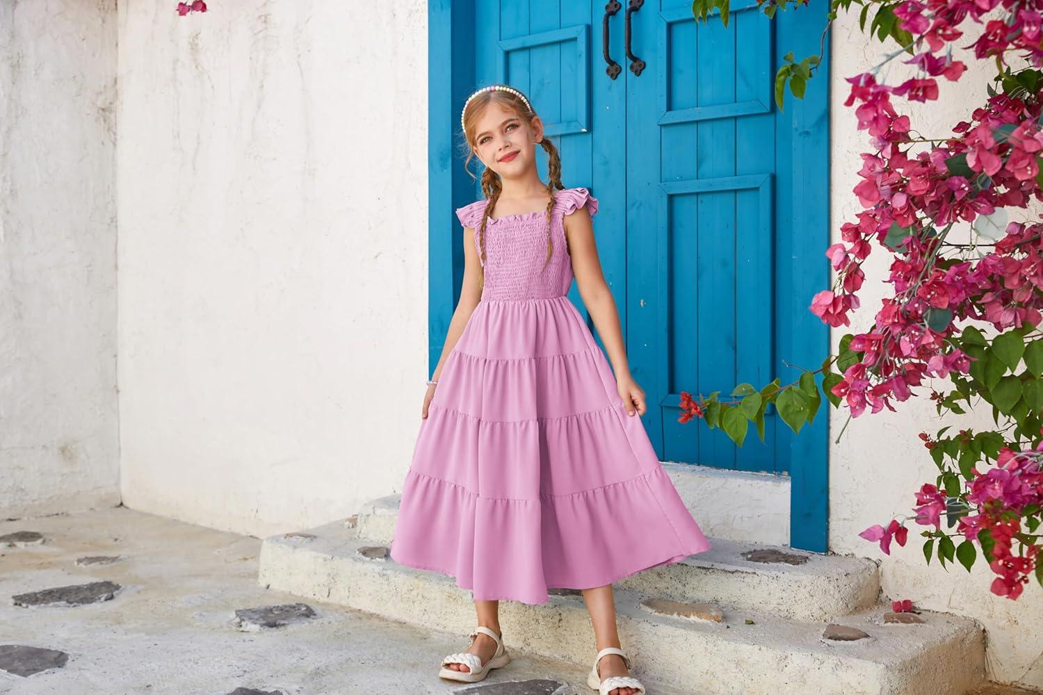 imageGRACE KARIN Girls Dress Summer Tie Back Party Dress Ruffle Sleeve Smoke Tiered Special Occasions Maxi Tween Dresses Size 514Purple Pink