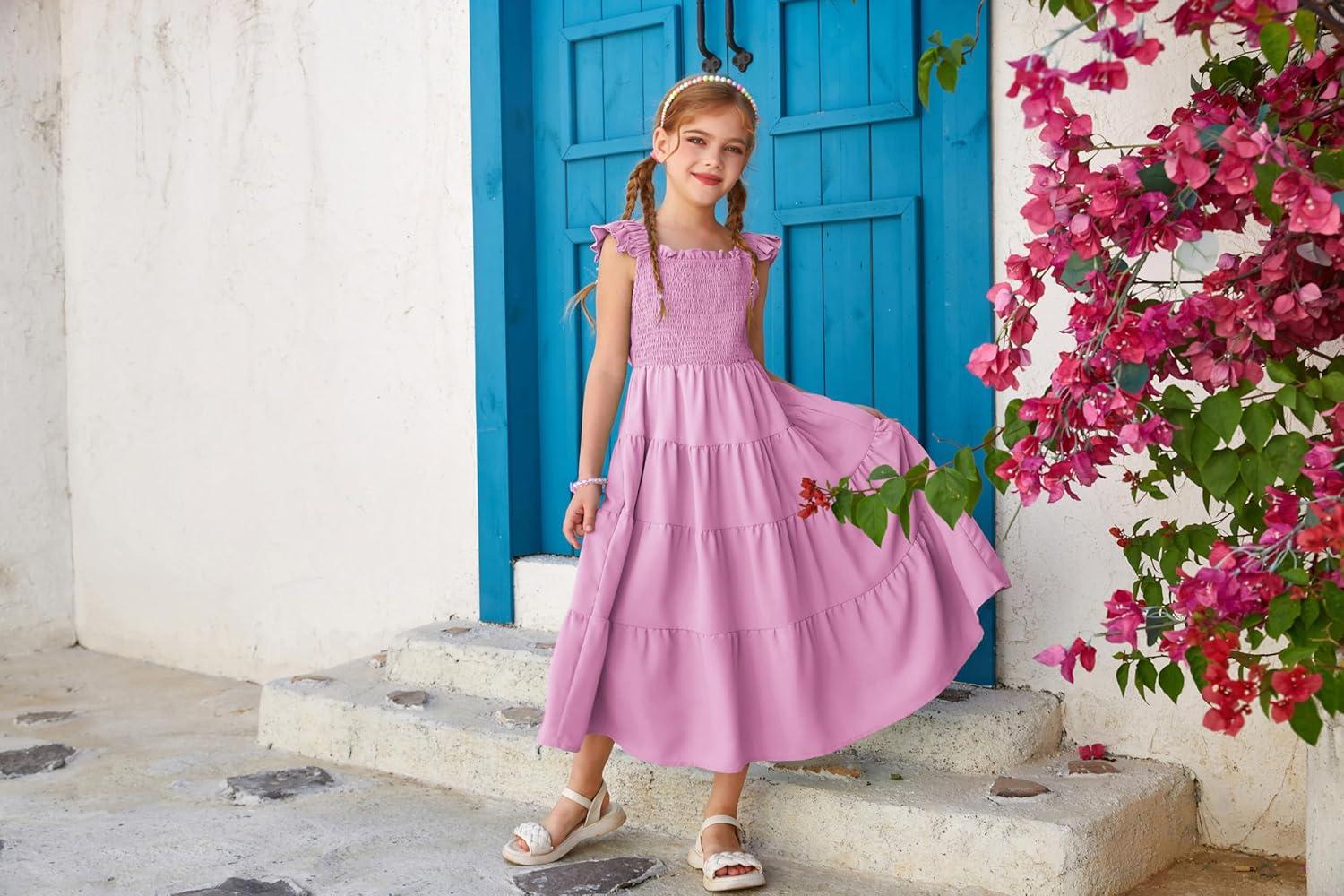 imageGRACE KARIN Girls Dress Summer Tie Back Party Dress Ruffle Sleeve Smoke Tiered Special Occasions Maxi Tween Dresses Size 514Purple Pink