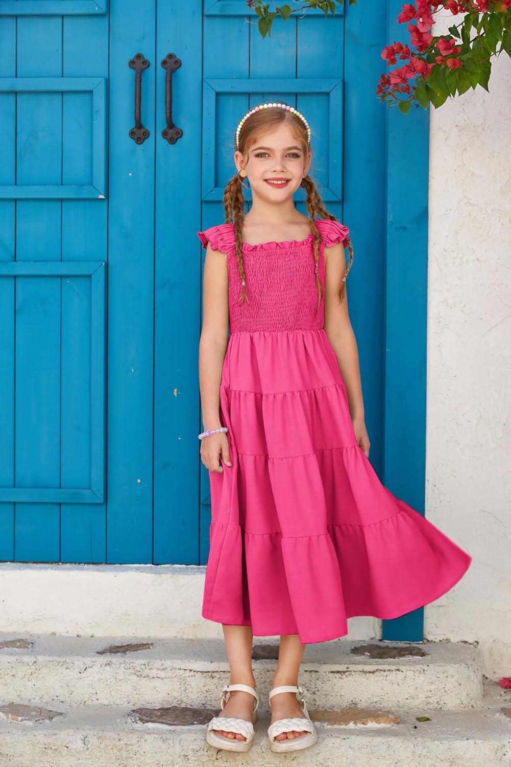 imageGRACE KARIN Girls Dress Summer Tie Back Party Dress Ruffle Sleeve Smoke Tiered Special Occasions Maxi Tween Dresses Size 514Rose Pink