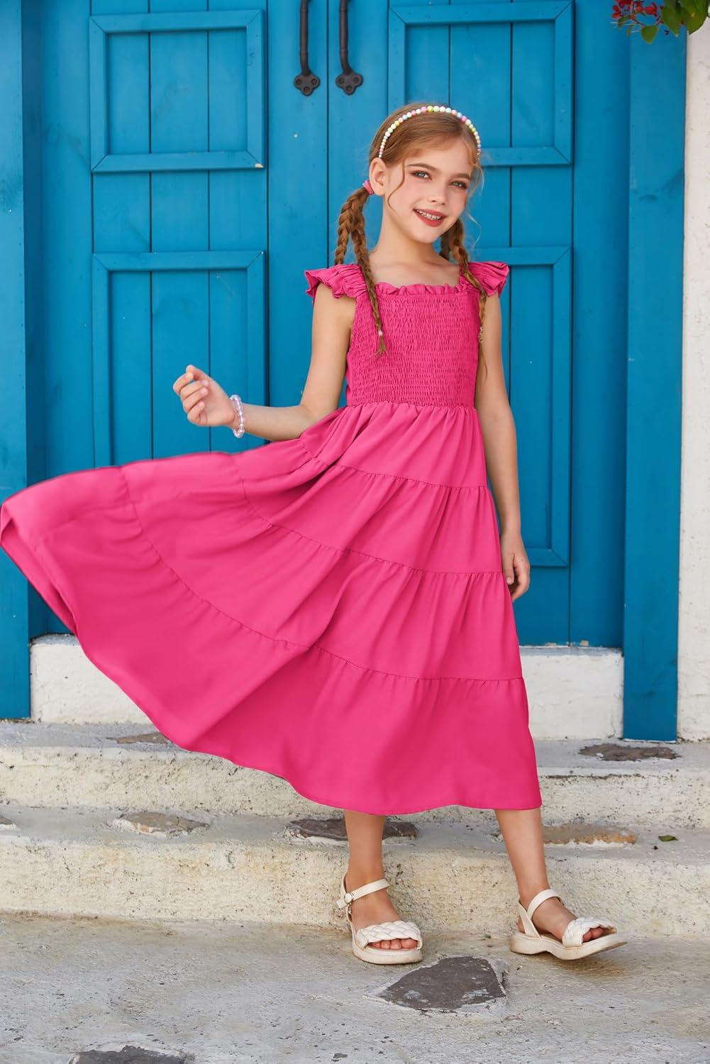imageGRACE KARIN Girls Dress Summer Tie Back Party Dress Ruffle Sleeve Smoke Tiered Special Occasions Maxi Tween Dresses Size 514Rose Pink