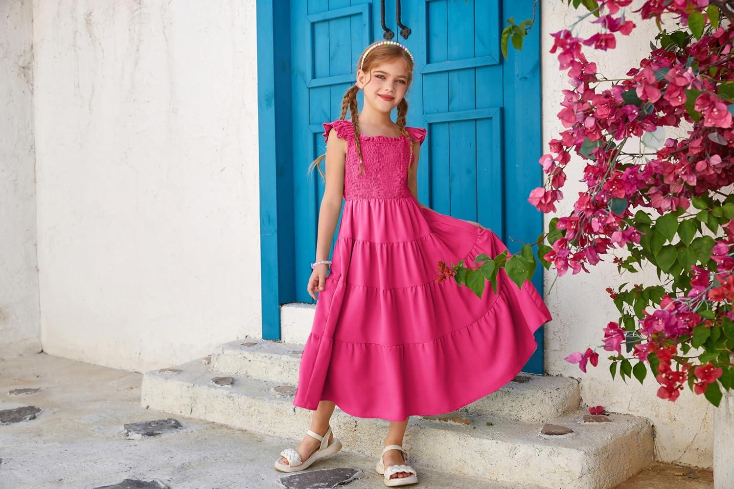 imageGRACE KARIN Girls Dress Summer Tie Back Party Dress Ruffle Sleeve Smoke Tiered Special Occasions Maxi Tween Dresses Size 514Rose Pink
