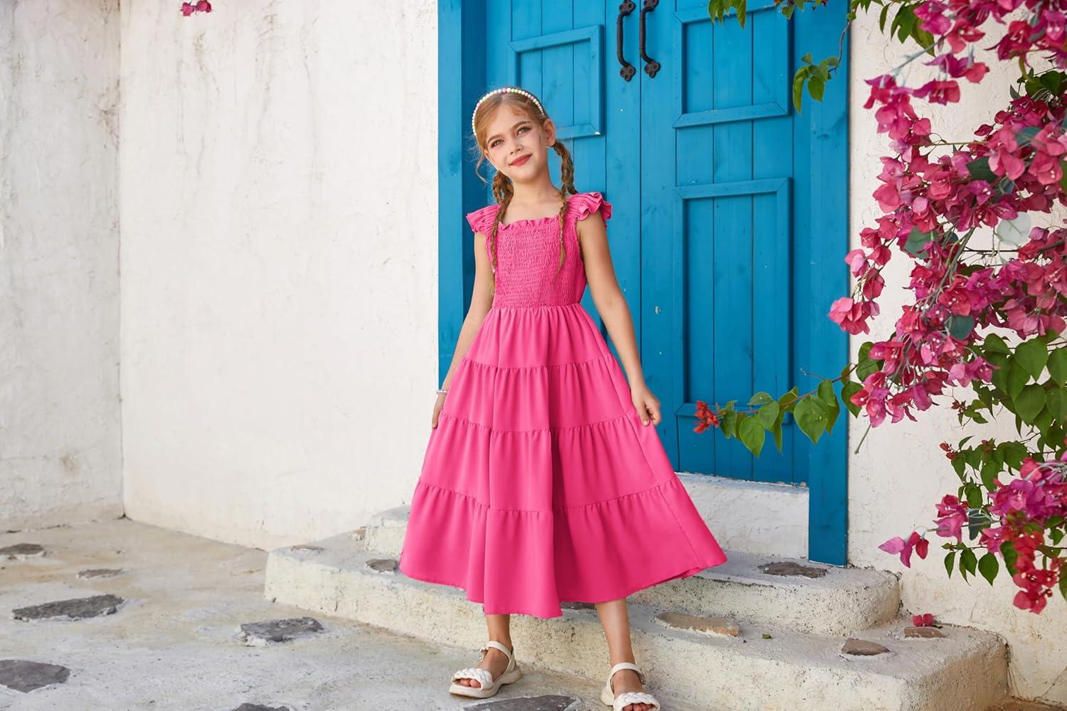 imageGRACE KARIN Girls Dress Summer Tie Back Party Dress Ruffle Sleeve Smoke Tiered Special Occasions Maxi Tween Dresses Size 514Rose Pink